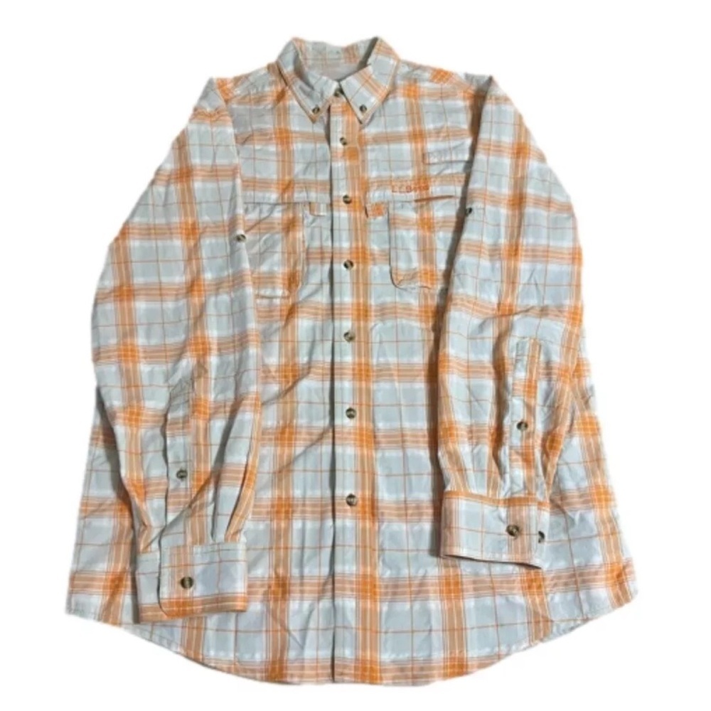 L.L. Bean Plaid Button Down Shirt Men’s M Orange White Long Sleeve Pocket Front